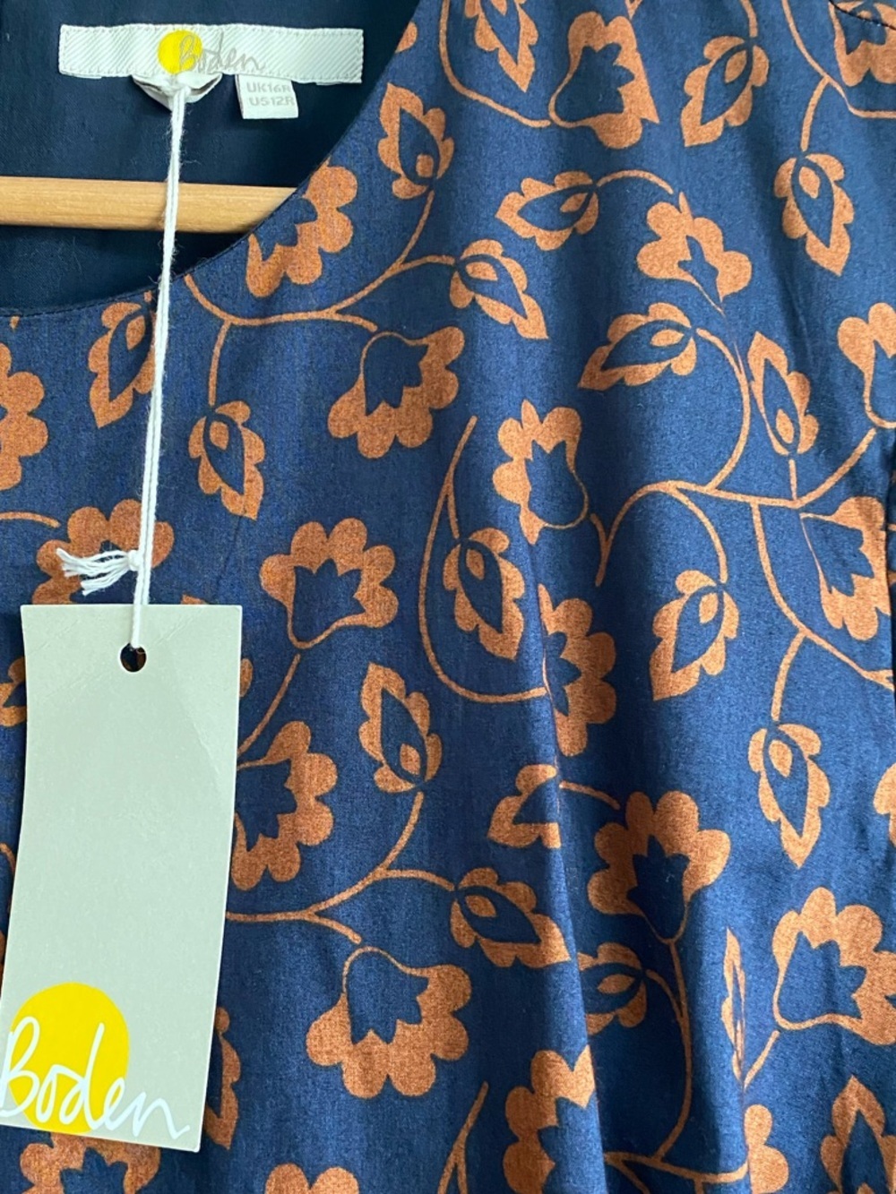 Boden Navy Brown Long Puff Sleeves Tiered Dress Smocked Floral Leaves Cotton 12R - Picture 9 of 12